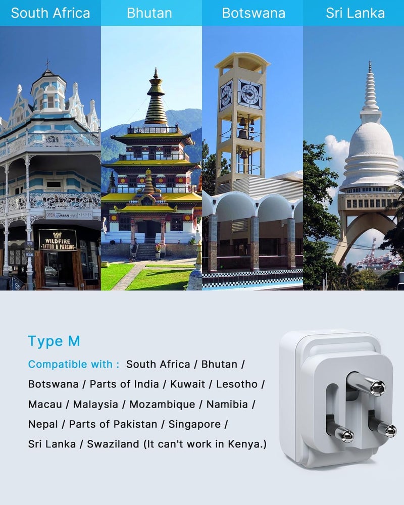 VINTAR محول قابس من جنوب أفريقيا 1 عبوة، نوع M القابل للطي مع 2 مخرج AC و 3 منافذ USB (2 USB C)، أساسيات السفر إلى أفريقيا من الولايات المتحدة إلى جنوب أفريقيا ناميبيا نيبال ماليزيا - Image 3
